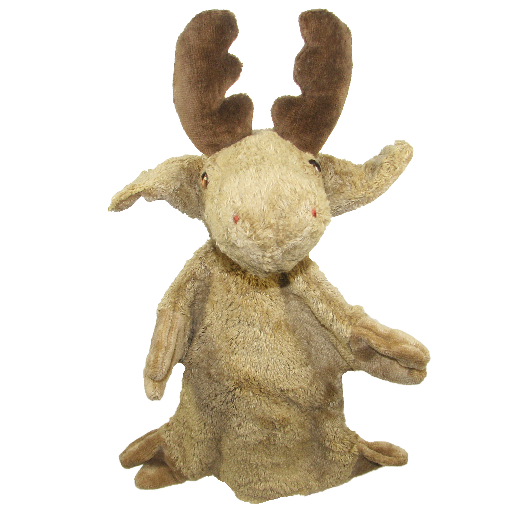 Kallisto hand puppet moose, front view with brown antlers and outstretched arms
