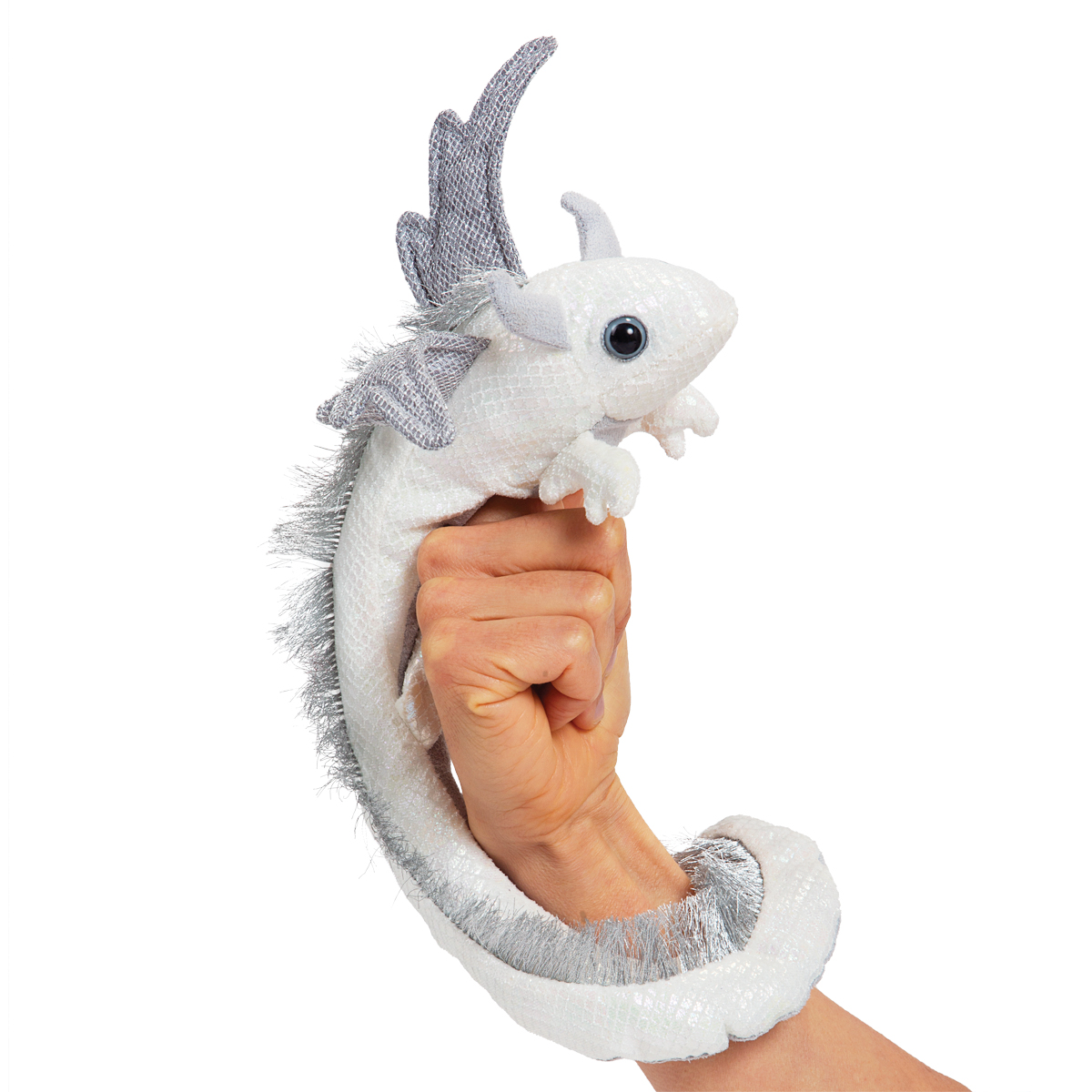 Folkmanis white dragon wristlet finger puppet wrapped around an arm, with a scale texture and silver wings