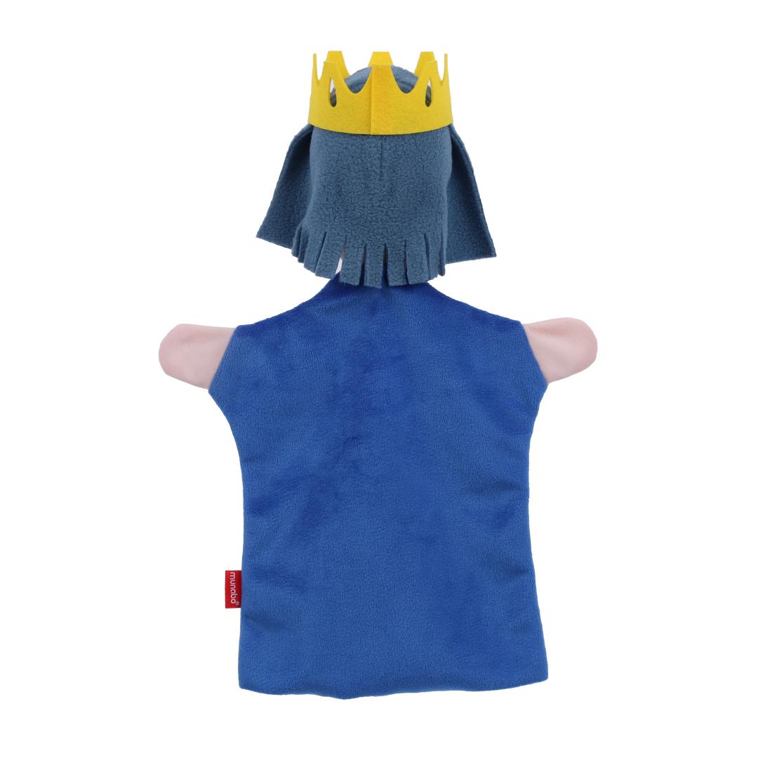 King hand puppet by munabo, rear view showing the crown and grey hair above the blue robe.