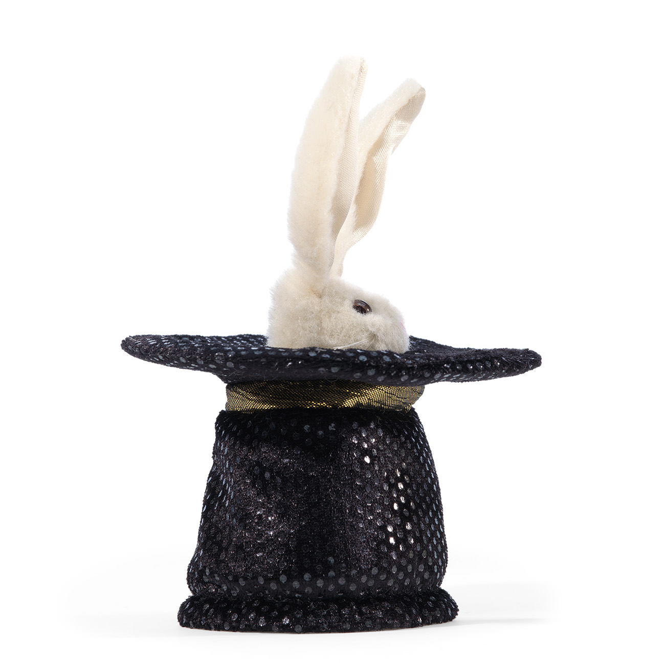 Folkmanis Mini Magic Hat finger puppet: white plush rabbit peeking out of a black sequin top hat, side view