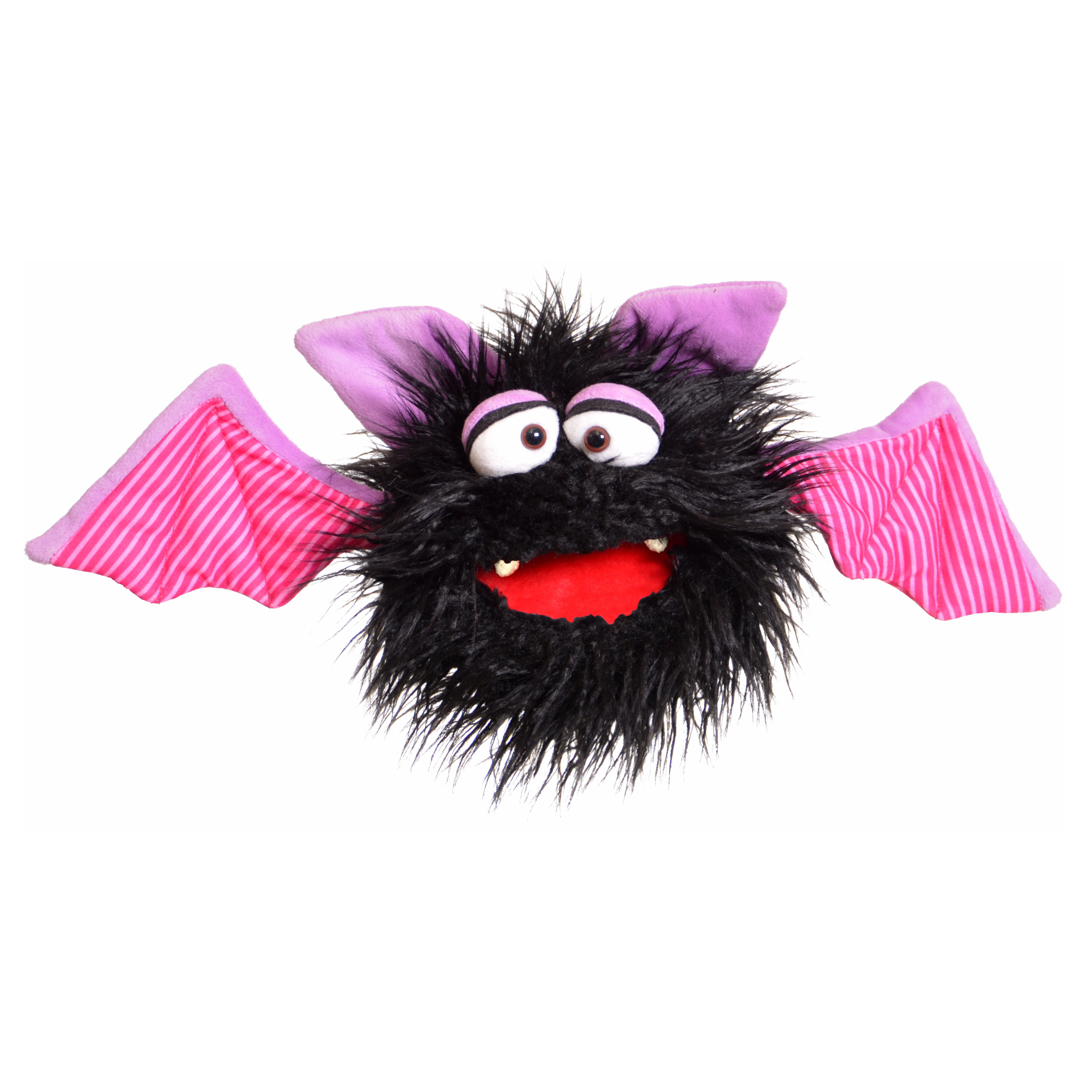 Living Puppets hand puppet Schnips the bat with black shaggy fur, pink striped wings and an open red mouth