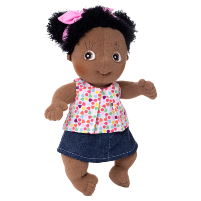 Rubens Cutie doll in the colourful summer outfit with denim skirt and pink bow