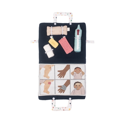 First aid set by Rubens Barn for baby dolls: fabric bag with bandage, plasters, thermometer and picture panels
