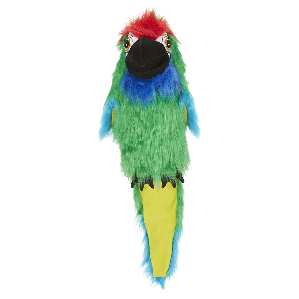 The Puppet Company hand puppet military macaw with sound, green parrot with a red head, blue wings and black beak