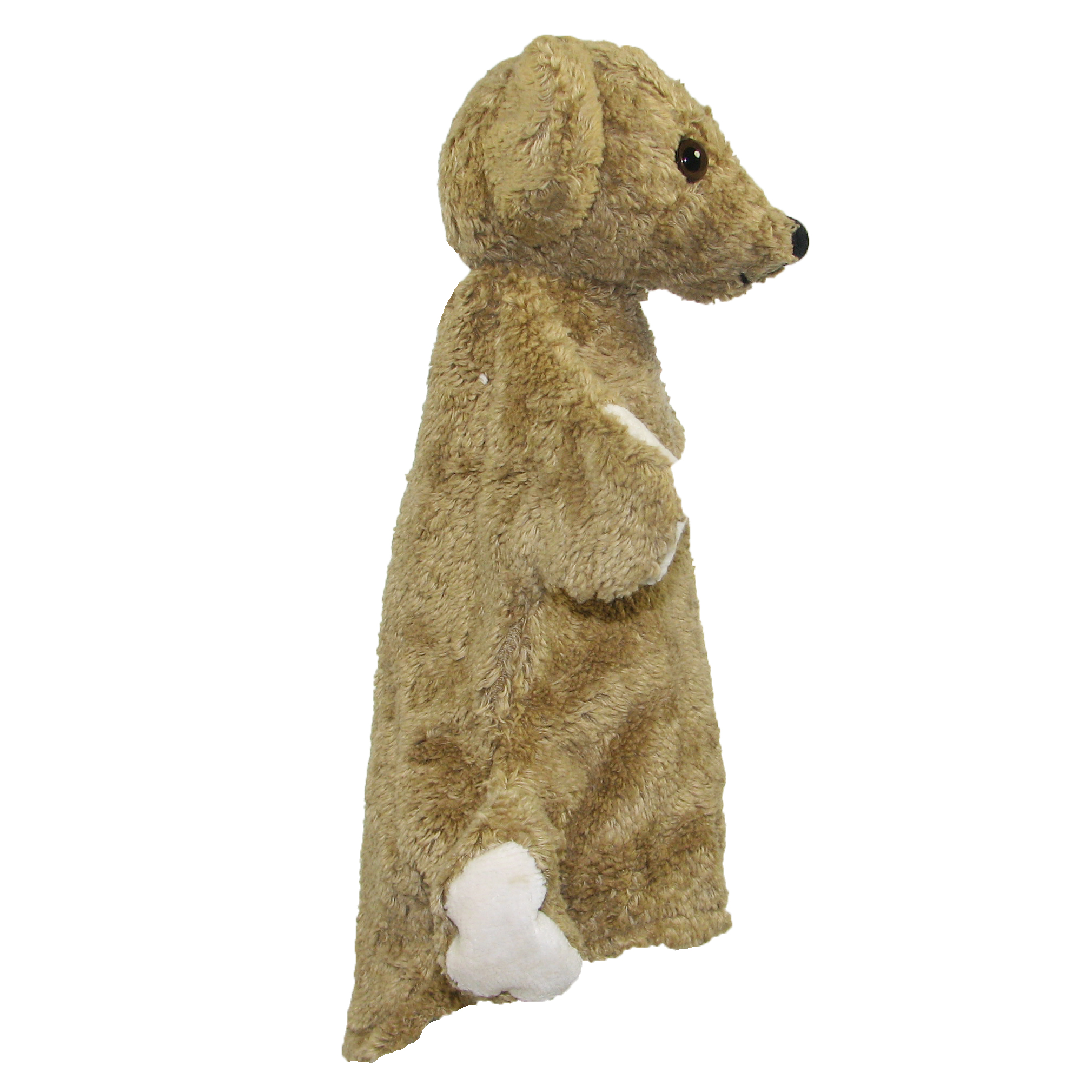 Kallisto hand puppet bear caramel, side view with a white paw and an elongated muzzle