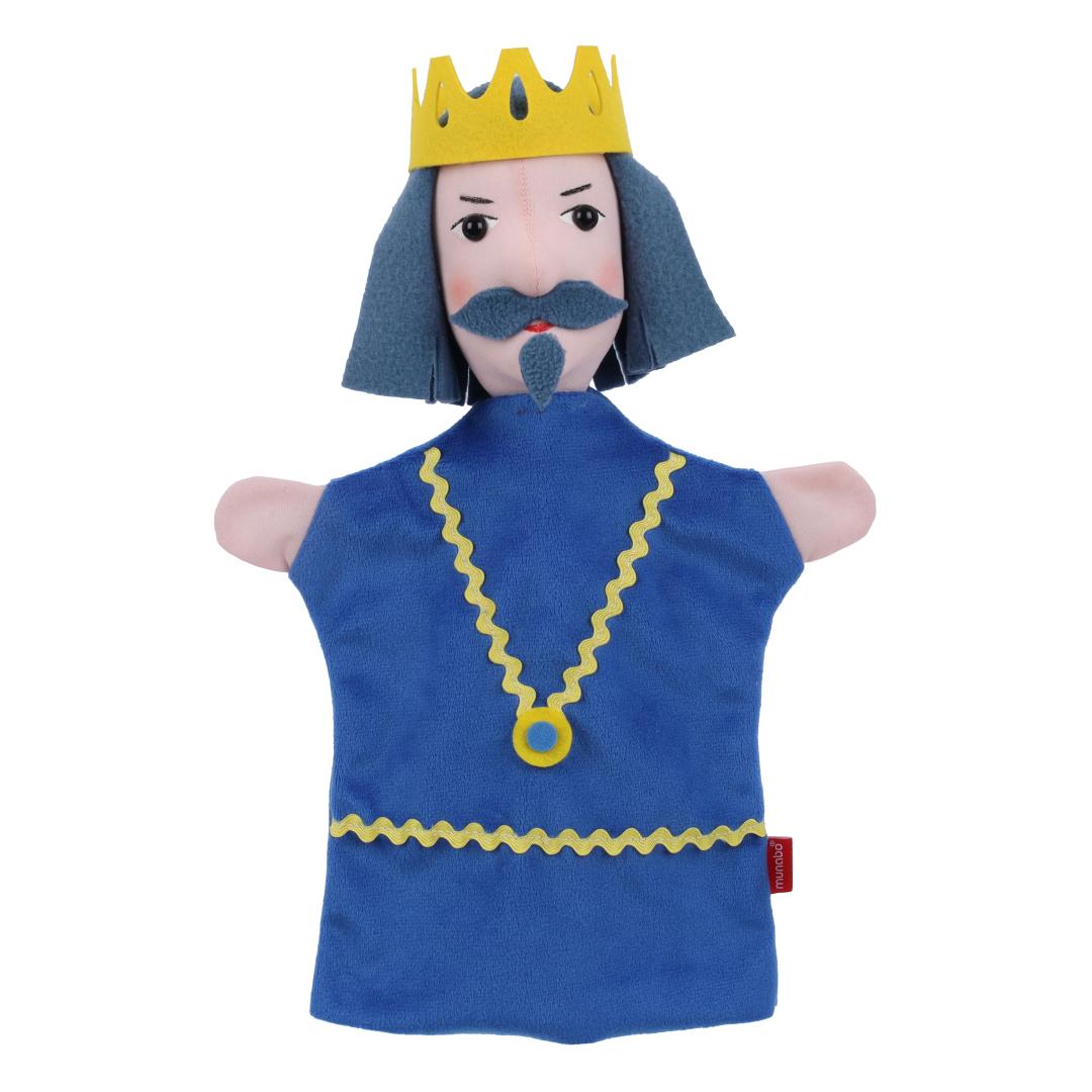 King hand puppet by munabo, front view in a blue robe with yellow zigzag trim, yellow crown and grey-blue hair and moustache.