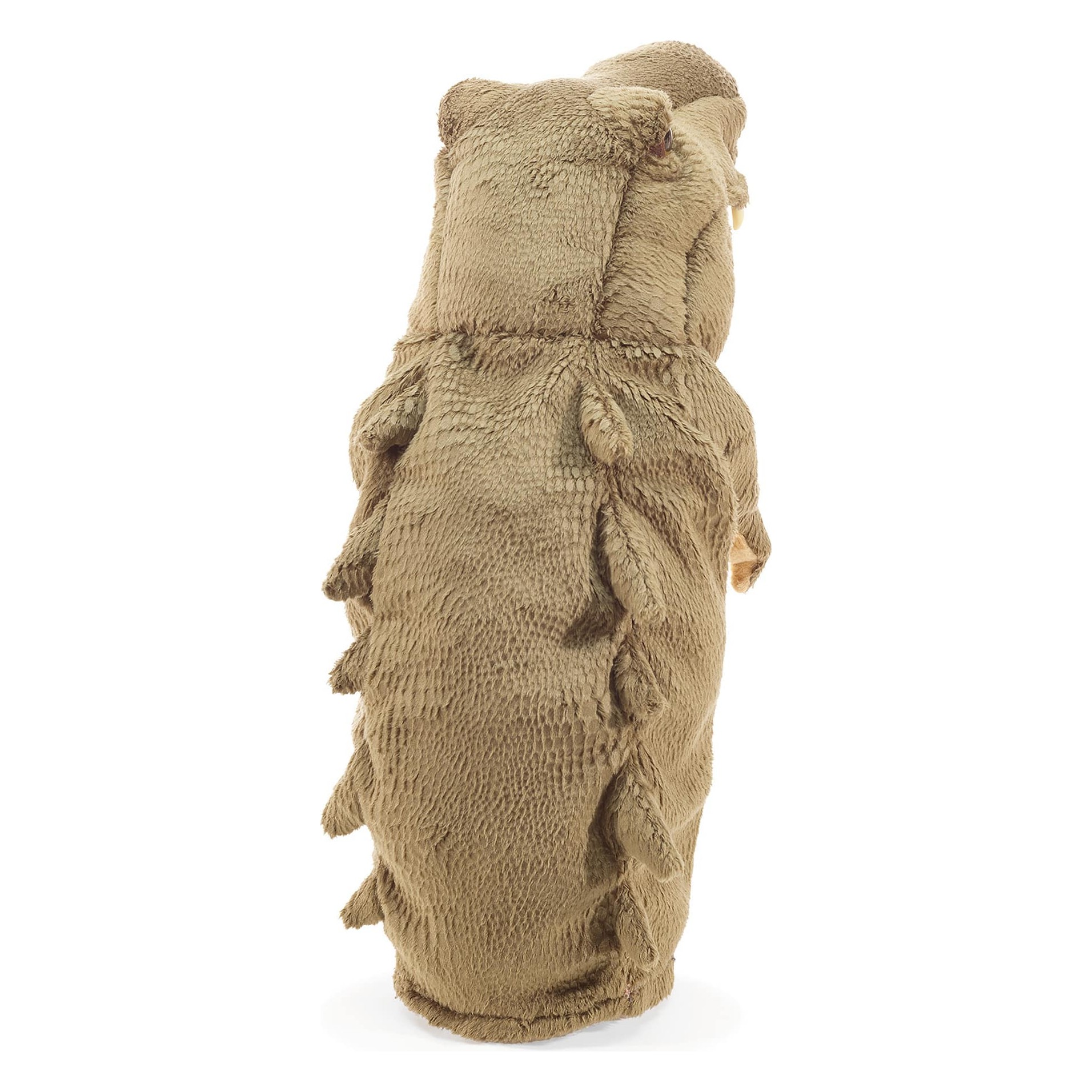 Folkmanis Handpuppe Krokodil von hinten, beige-braunes Schuppenmuster aus strukturiertem Plüsch, stehend