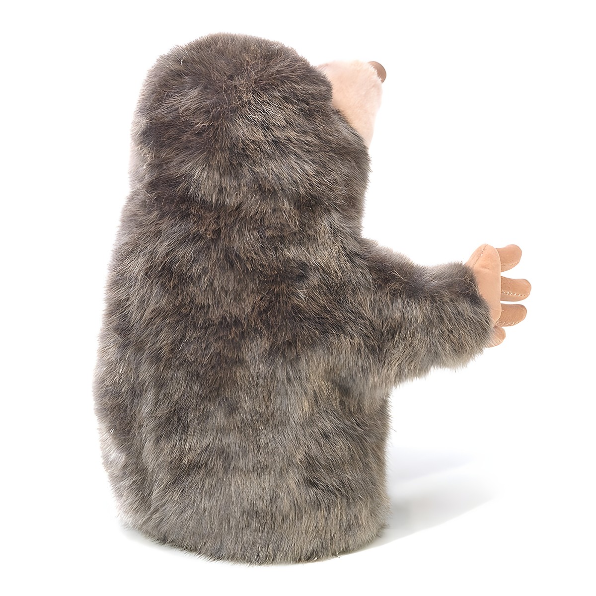 Folkmanis hand puppet small mole shown from the side with grey-brown plush fur and an outstretched digging paw