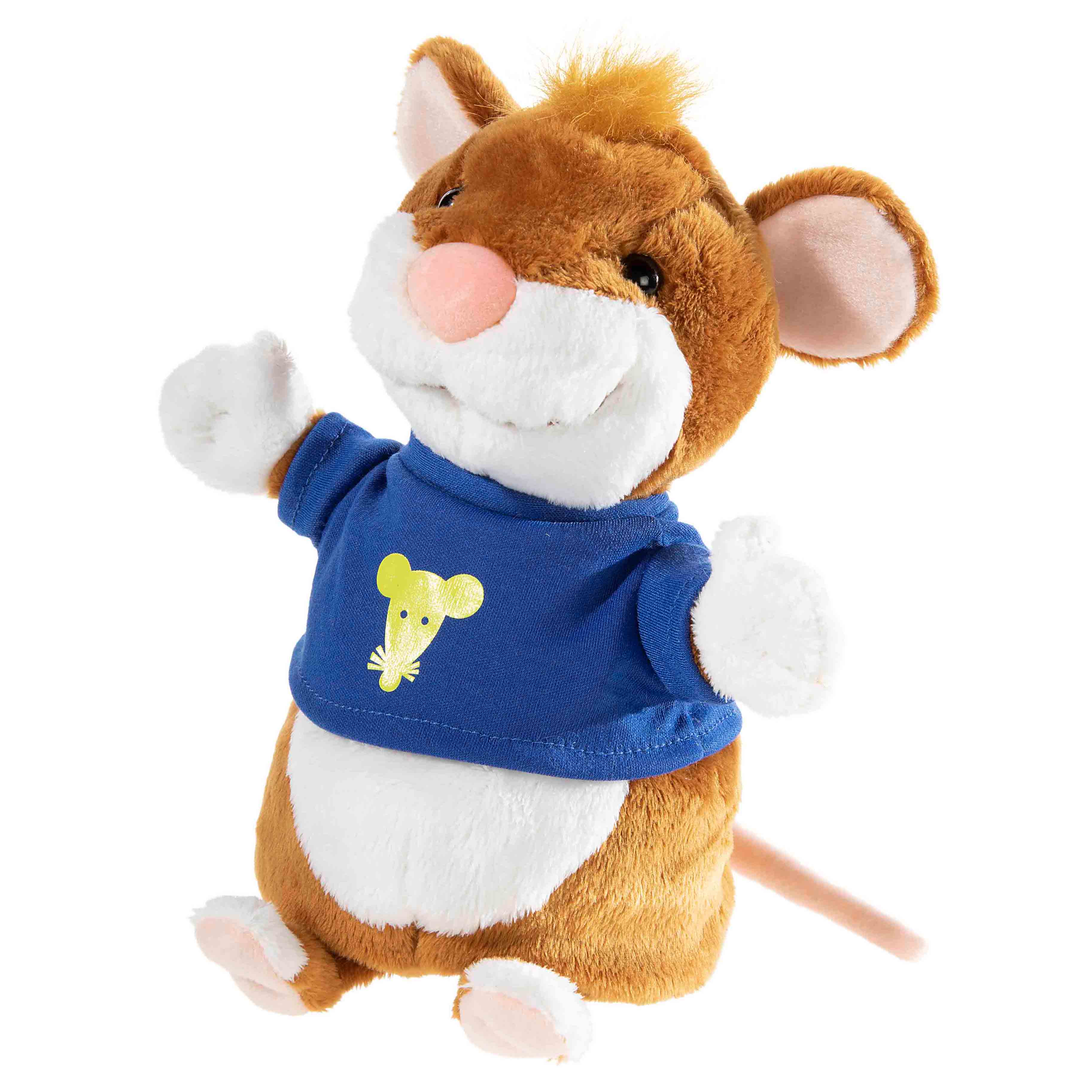 Heunec hand puppet Leo the mouse, brown plush mouse with white belly and a blue T-shirt featuring a mouse print
