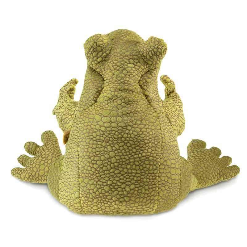 Folkmanis Funny Frog hand puppet in olive green with a textured scale surface, rear view