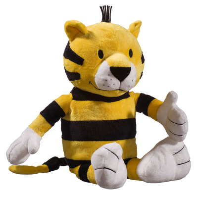 Heunec plush figure Little Tiger, yellow and black striped plush tiger with white paws, seated