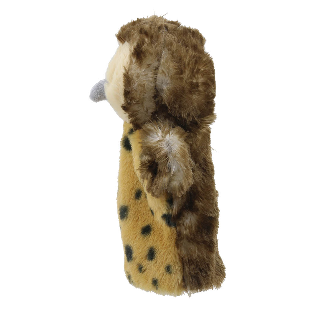 The Puppet Company baby hand puppet owl, side view showing brown feathers and yellow eyes