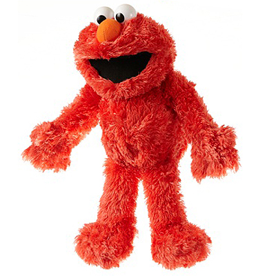 Living Puppets hand puppet Mini Elmo from Sesame Street with red shaggy fur, an orange nose and an open black mouth, standing