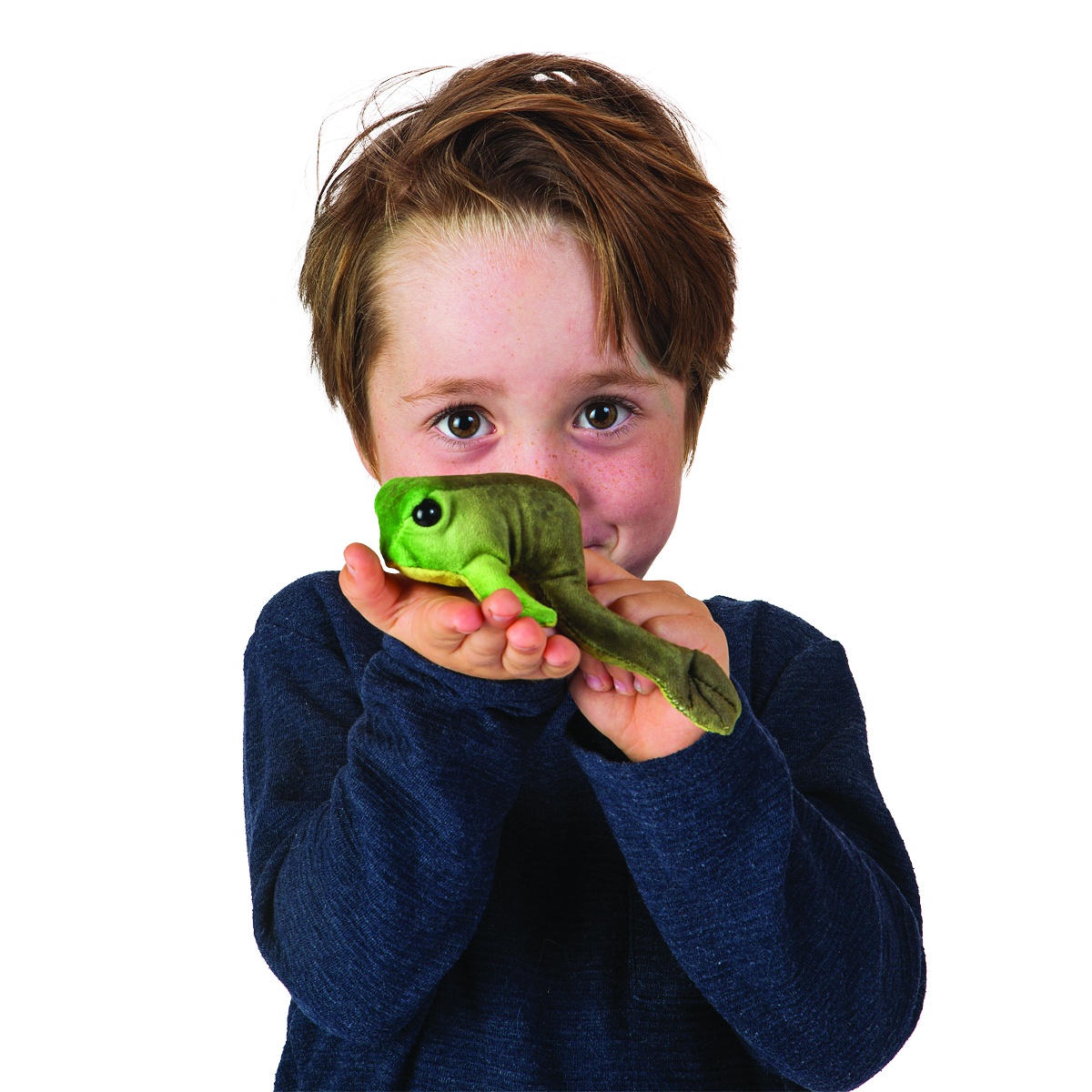 Folkmanis mini sitting frog finger puppet in green, held in a child's hands, front view