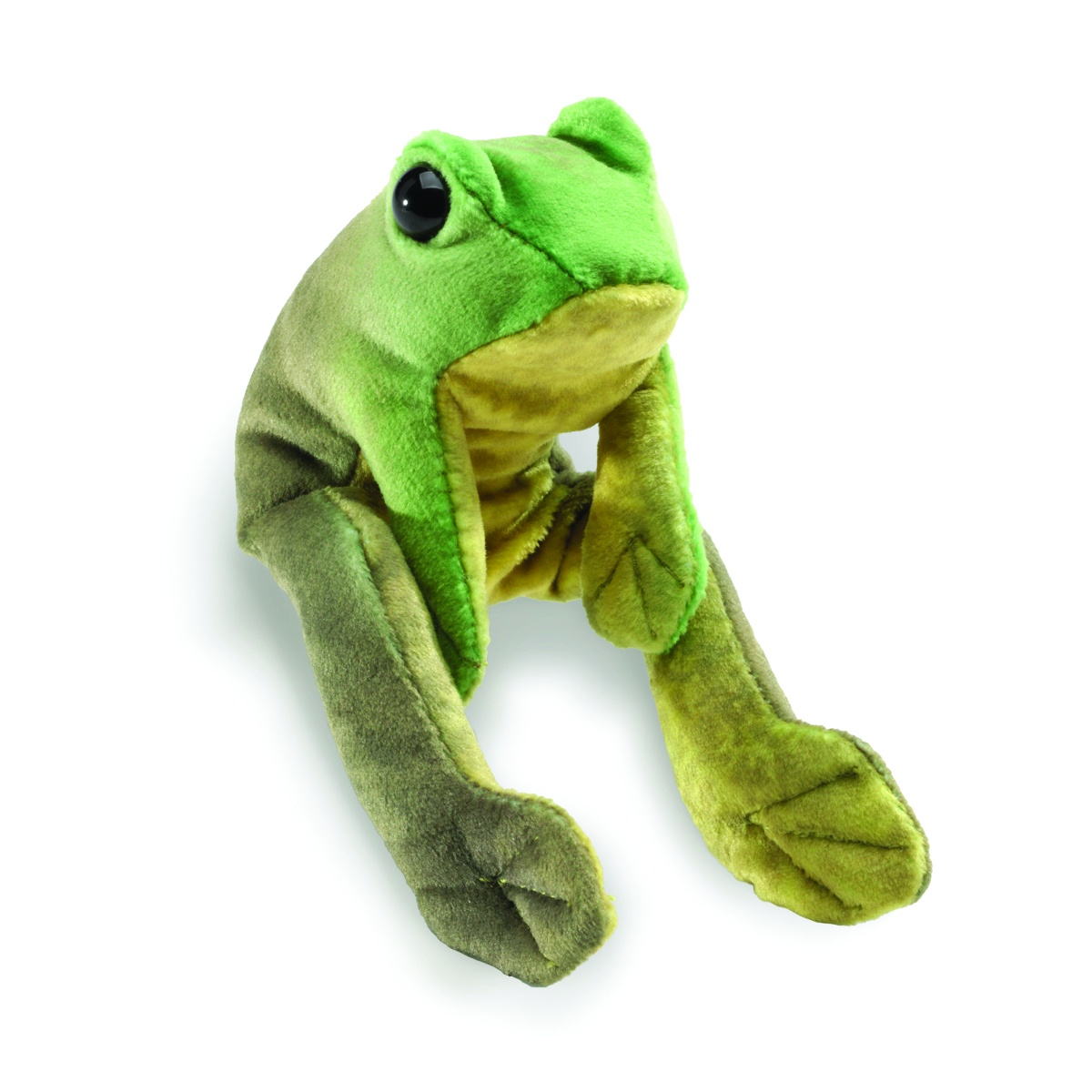 Folkmanis finger puppet mini sitting frog in green plush with outstretched legs and a shiny black eye