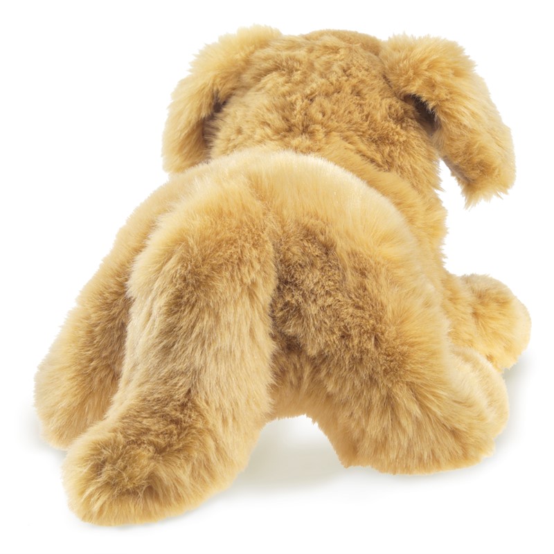 Folkmanis Handpuppe Golden Retriever Welpe von hinten, goldbeiges Plüschfell mit hängenden Ohren, sitzende Pose