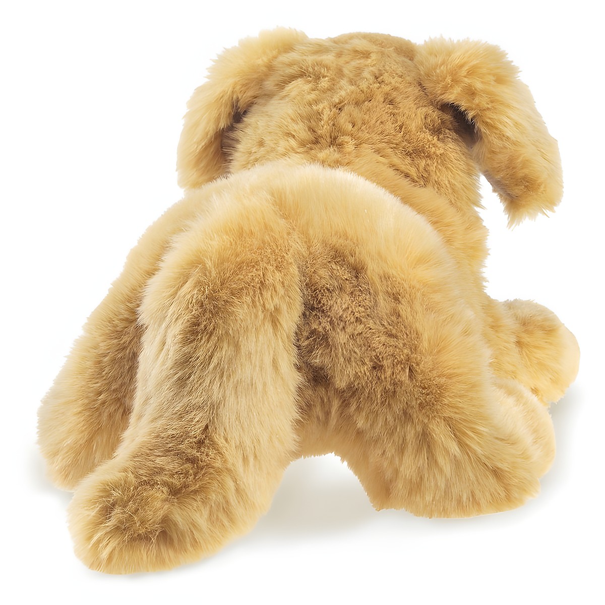 Folkmanis Golden Retriever puppy hand puppet seen from behind, golden-beige plush fur with floppy ears, sitting pose