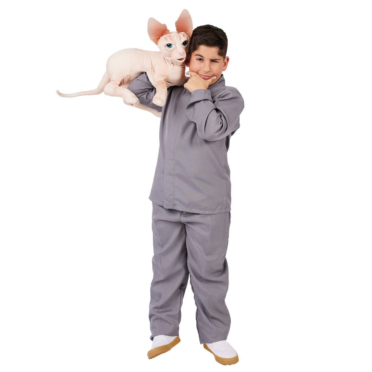 Junge trägt Folkmanis Handpuppe Sphynx Katze auf der Schulter, hautfarbenes Plüschtier mit blauen Augen und großen Ohren