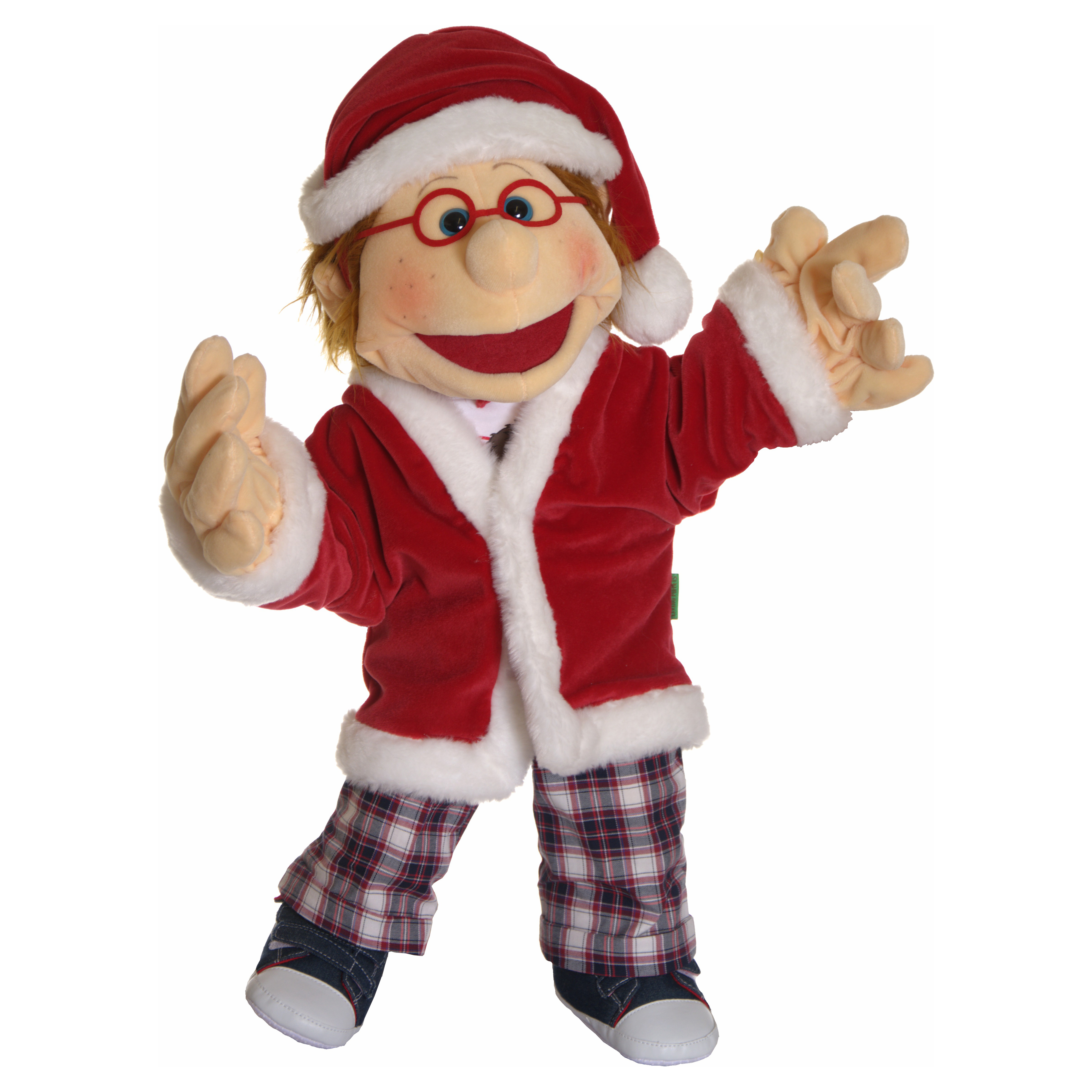 Living Puppets Santa clothing set on a hand puppet with glasses, arms spread invitingly