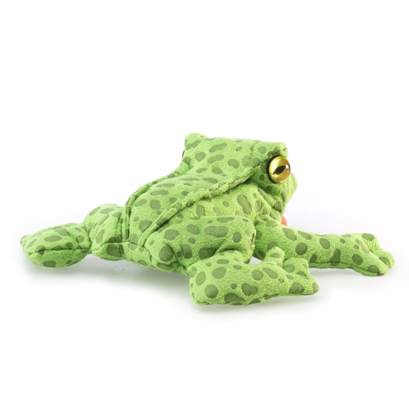 Folkmanis Fingerpuppe mini Frosch in hellem Grün mit dunkelgrünen Flecken und goldfarbenen Augen, liegend
