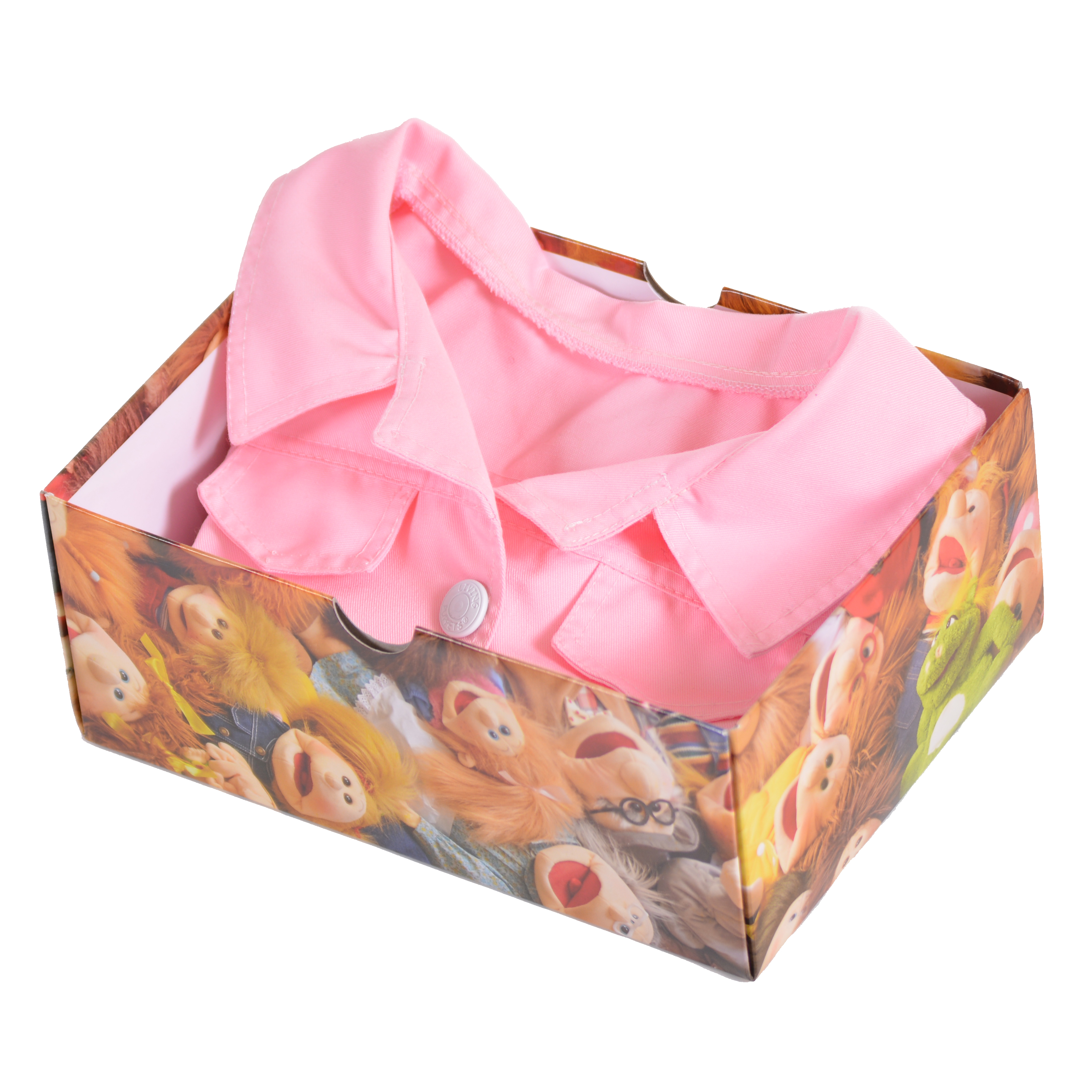 Rosa Trenchcoat für Living Puppets Handpuppen, zusammengelegt in einer Geschenkbox mit Handpuppen-Motiven, Detailansicht