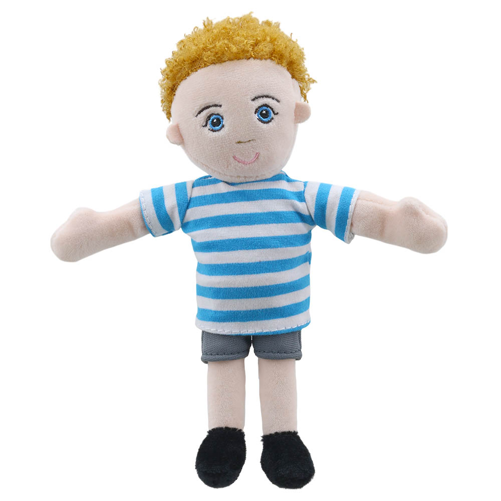 The Puppet Company Fingerpuppe Junge, Stoffpuppe mit blondem Haar, blau-weiß gestreiftem Shirt und grauer Hose