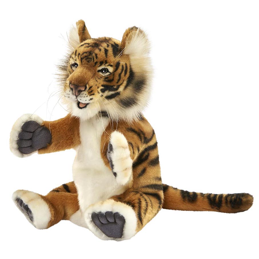 Tiger Handpuppe von Hansa Creation mit orange-schwarz gestreiftem Fell, weißer Brust und dunklen Tatzen