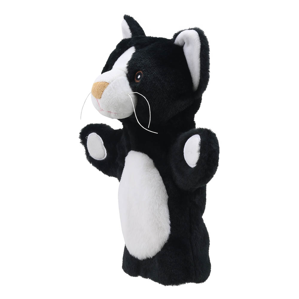 The Puppet Company baby hand puppet cat, black and white cat with a white belly and an outstretched paw