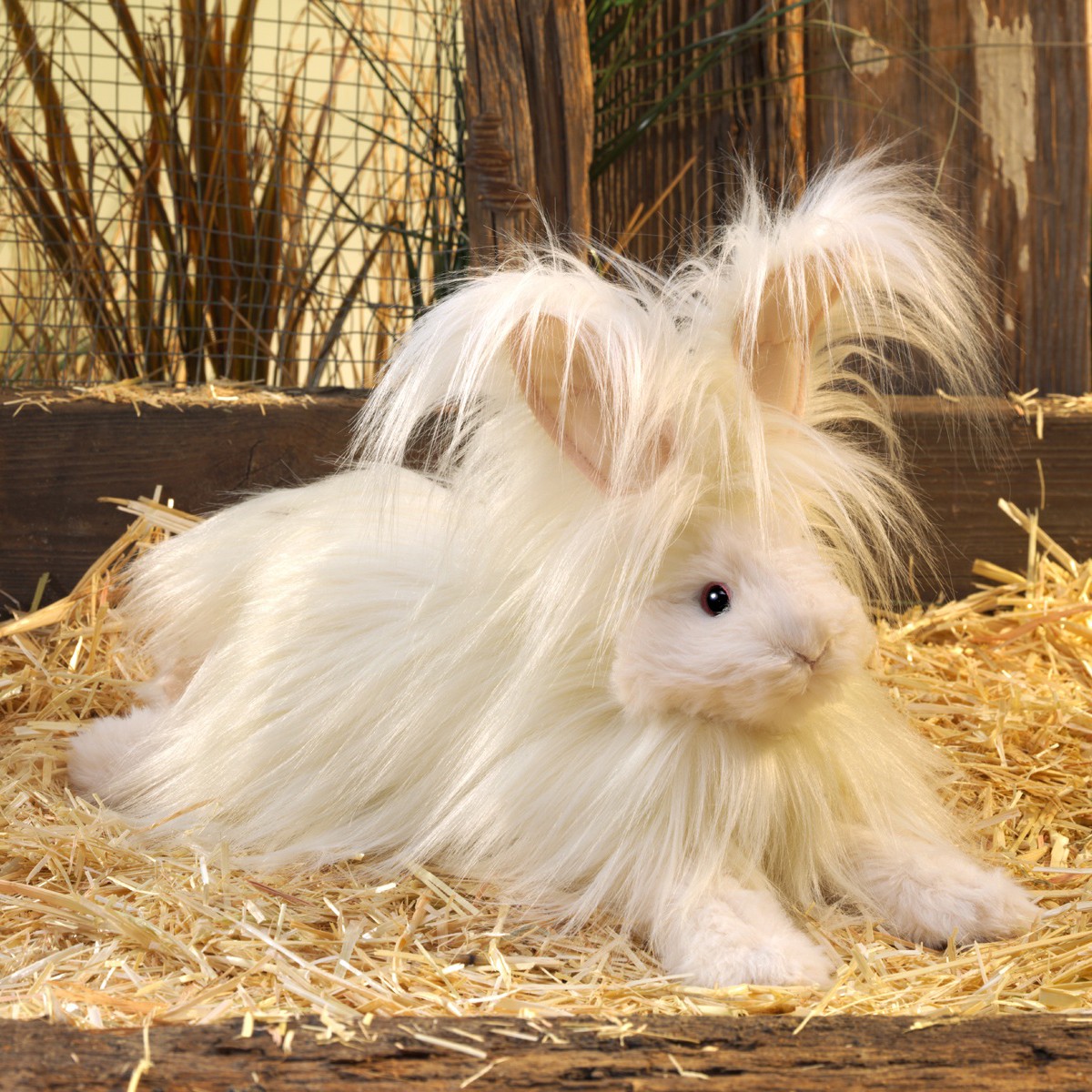 Folkmanis hand puppet angora rabbit with long creamy-white fur, sitting in straw, side view