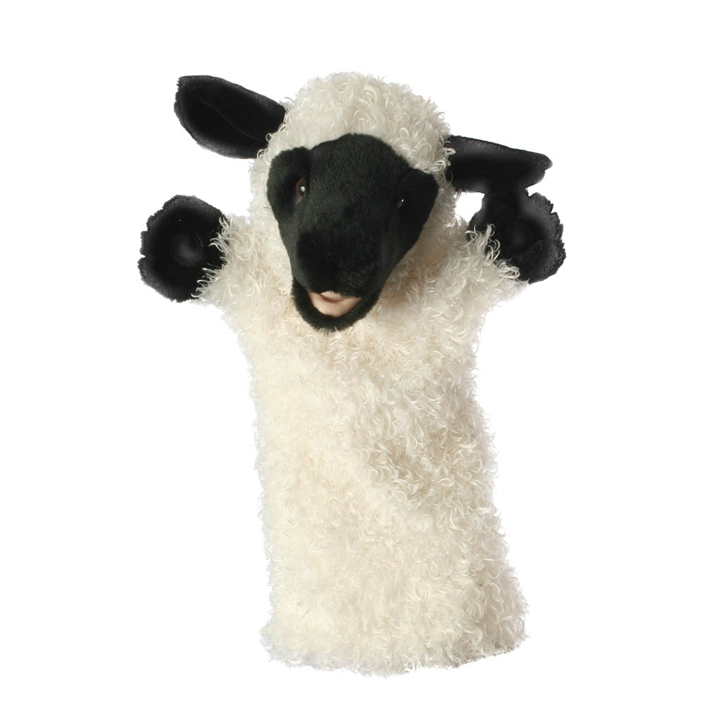 The Puppet Company baby hand puppet sheep, white sheep puppet with curly fleece and a black face