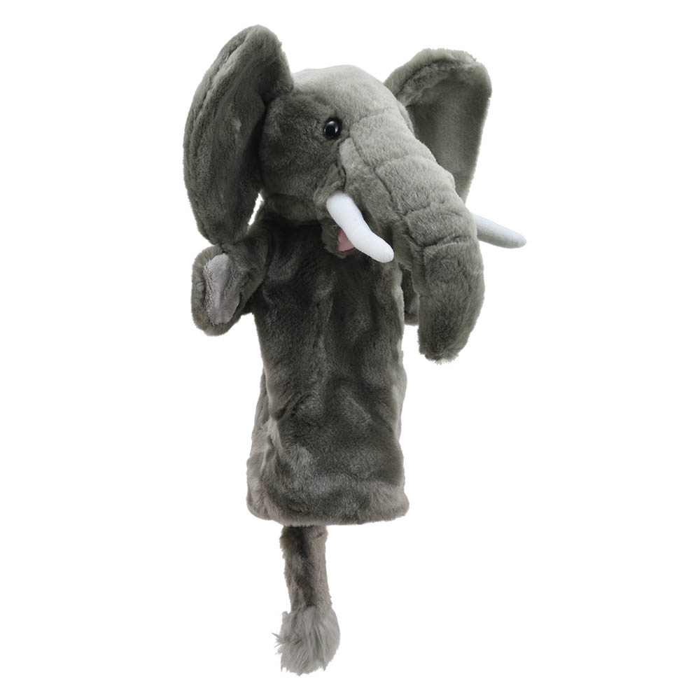 The Puppet Company baby hand puppet elephant, grey elephant puppet with a curled trunk, side view