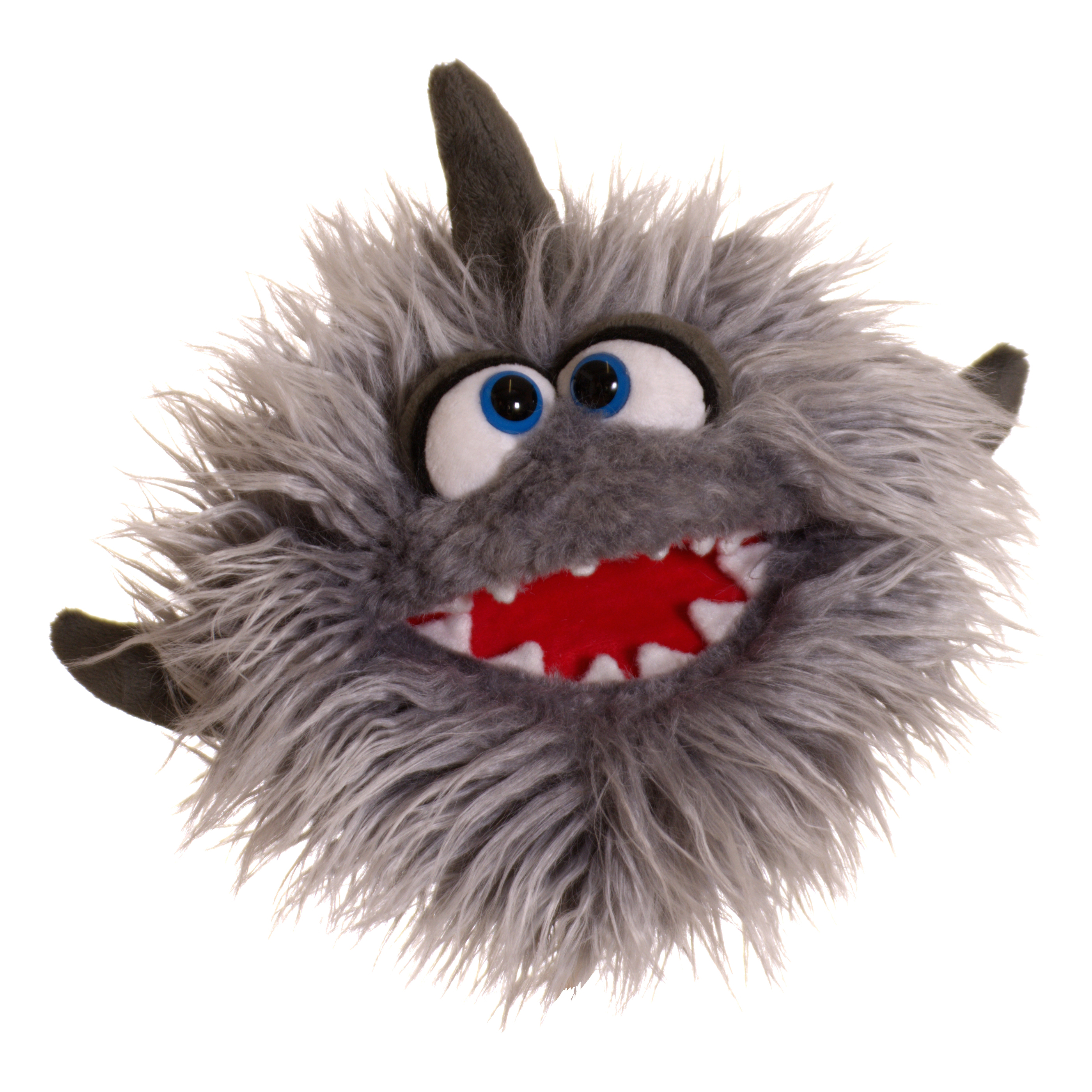 Living Puppets hand puppet Hainer the shark: grey shaggy ball with dorsal fin and jagged teeth