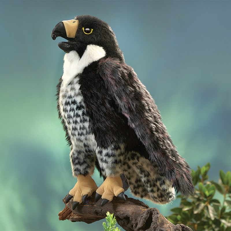 Folkmanis hand puppet peregrine falcon with black plumage, spotted chest and yellow eye, sitting on a branch, side view