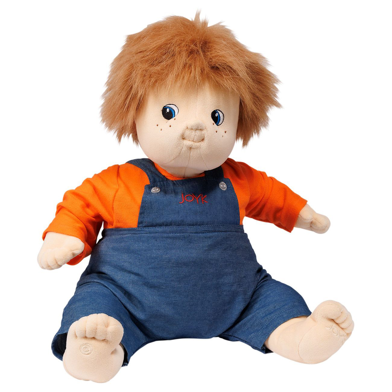 Joyk empathy doll Simon with strawberry-blond tousled hair, freckles, orange shirt and denim dungarees