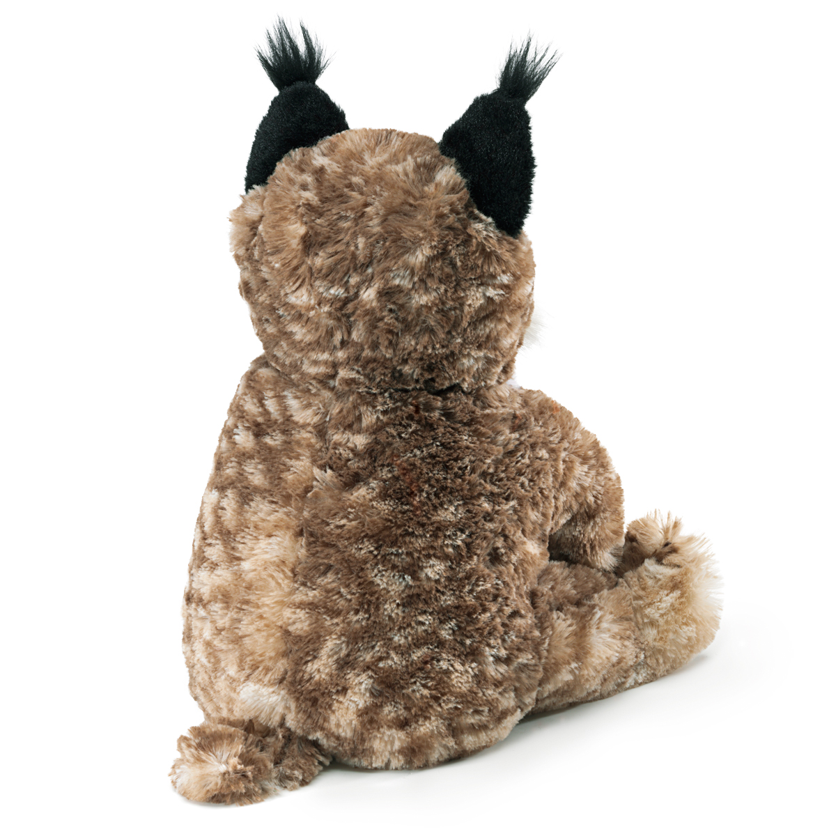 Folkmanis Handpuppe Rotluchs-Baby von hinten, braun-meliertes Plüschfell, schwarze Ohren mit markanten Haarpinseln, sitzende Pose