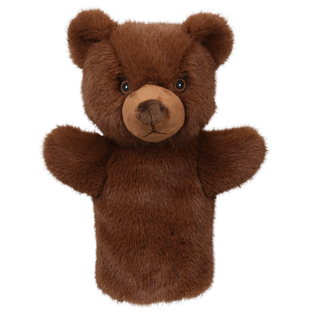 Handpuppe Braunbär aus der Serie Puppet Buddies der Puppet Company, kurzhaarige braune Plüschfigur mit heller Schnauze und seitlich ausgestreckten Armen von vorn