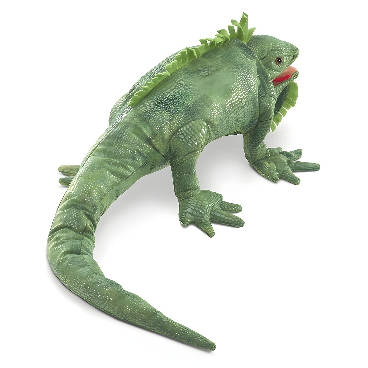 Folkmanis iguana hand puppet in rich green with detailed scale texture, dorsal crest and red tongue, top view