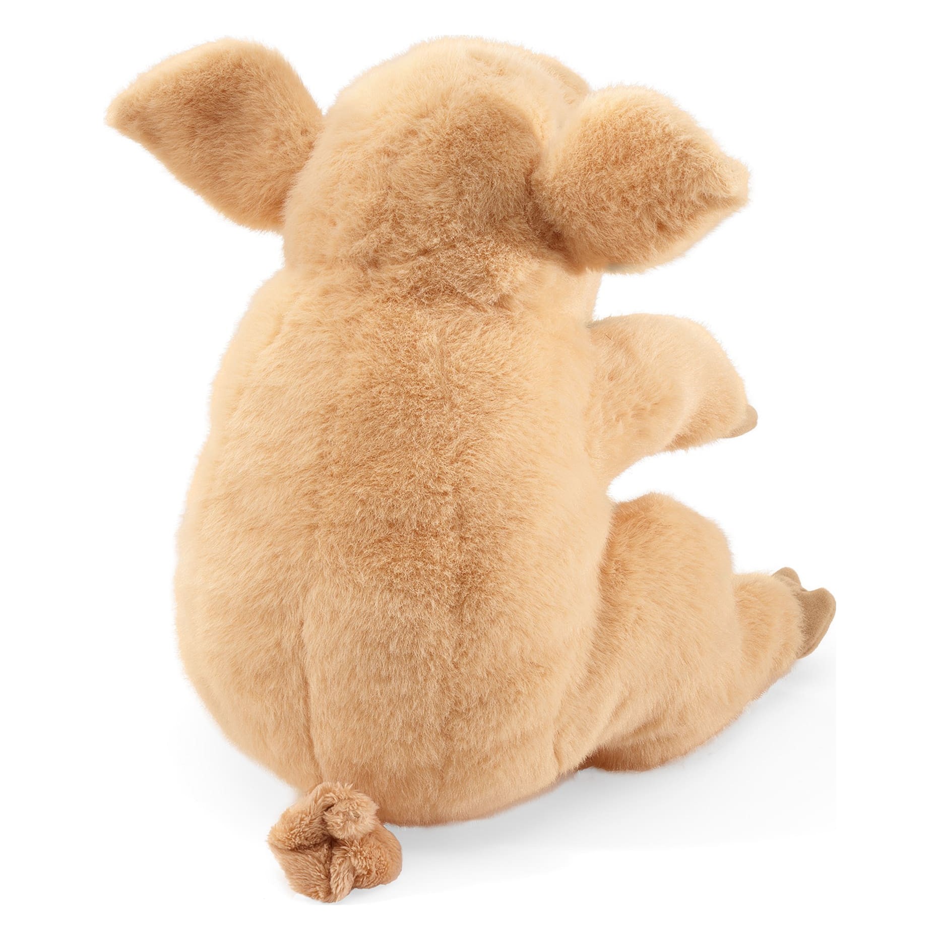 Folkmanis Handpuppe Schweinchen in sandfarbenem Plüsch, Rückenansicht mit charakteristischem Ringelschwanz und abstehenden Ohren.