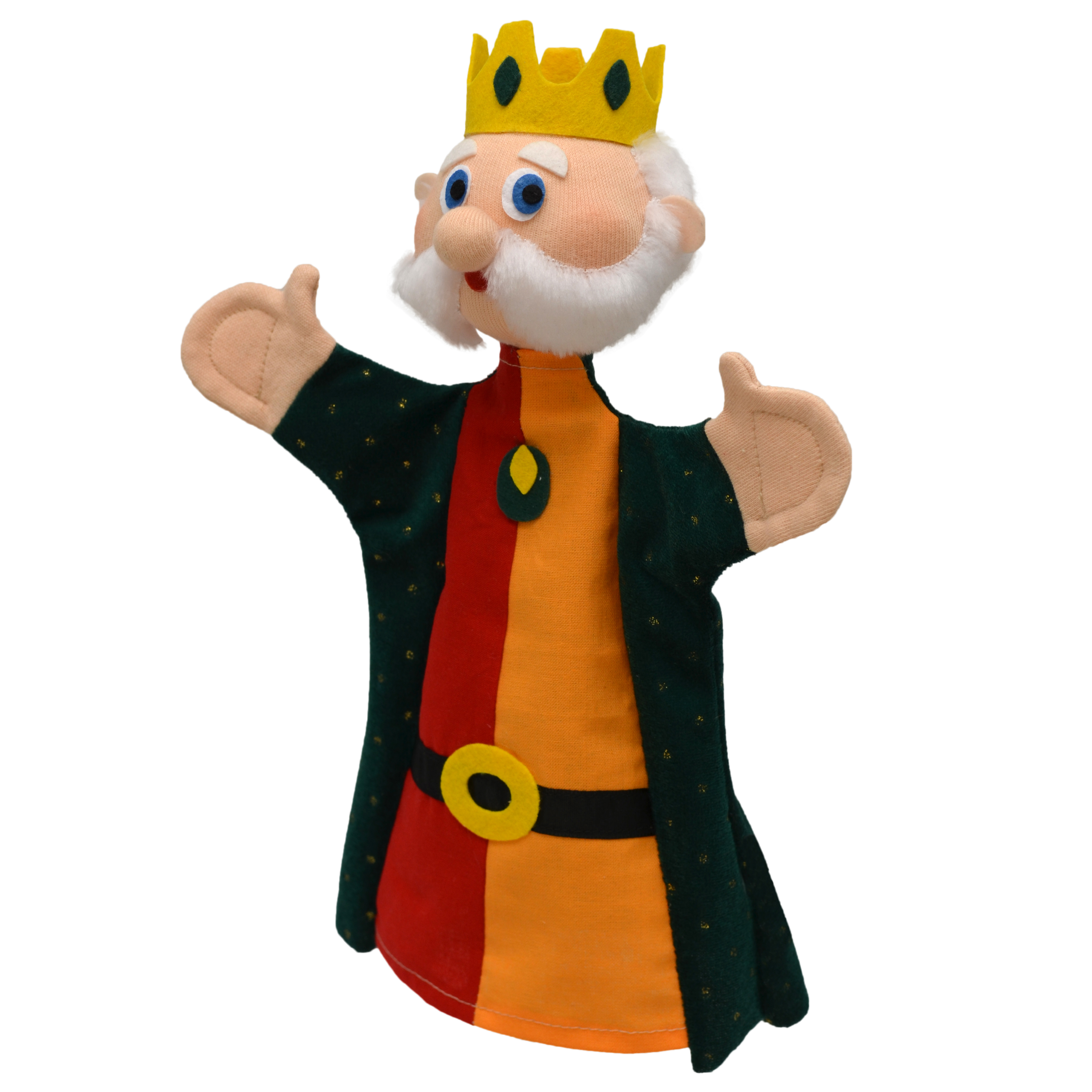Punch and Judy puppet King Valentin by munabo with a white beard, yellow crown and green-orange gown