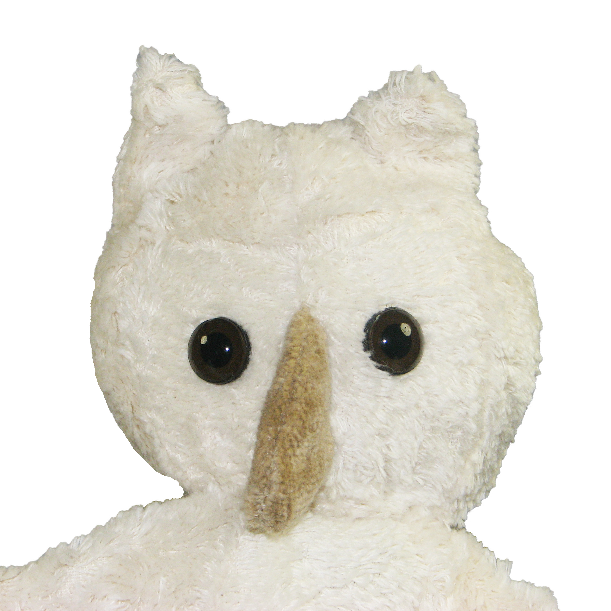 Kallisto hand puppet owl white, close-up of the face with a light brown beak and white fur