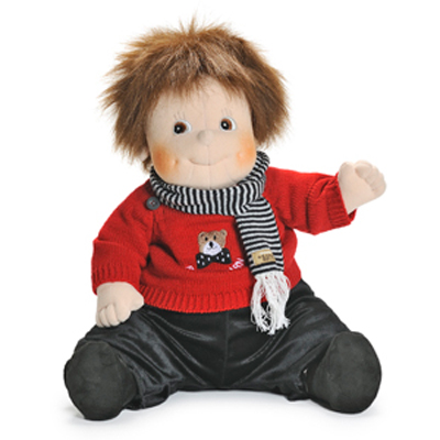 Rubens Barn doll Emil with red teddy jumper, striped scarf and dark trousers