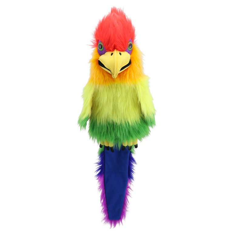 The Puppet Company hand puppet rainbow bird with sound, bird with a red head, yellow-green feathers and blue feather tail