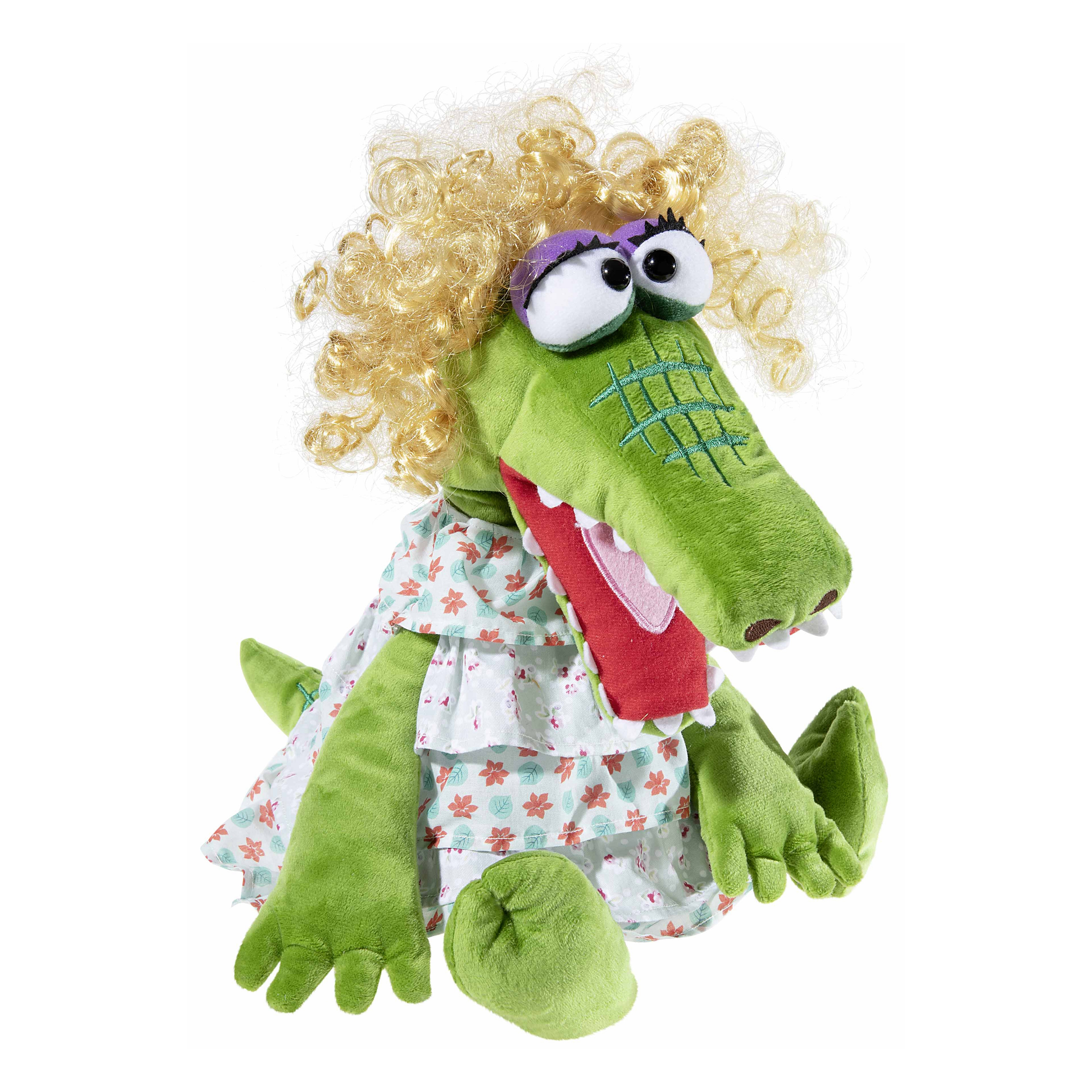 Heunec hand puppet Krokodella, green plush crocodile character with a blonde curly wig and floral dress