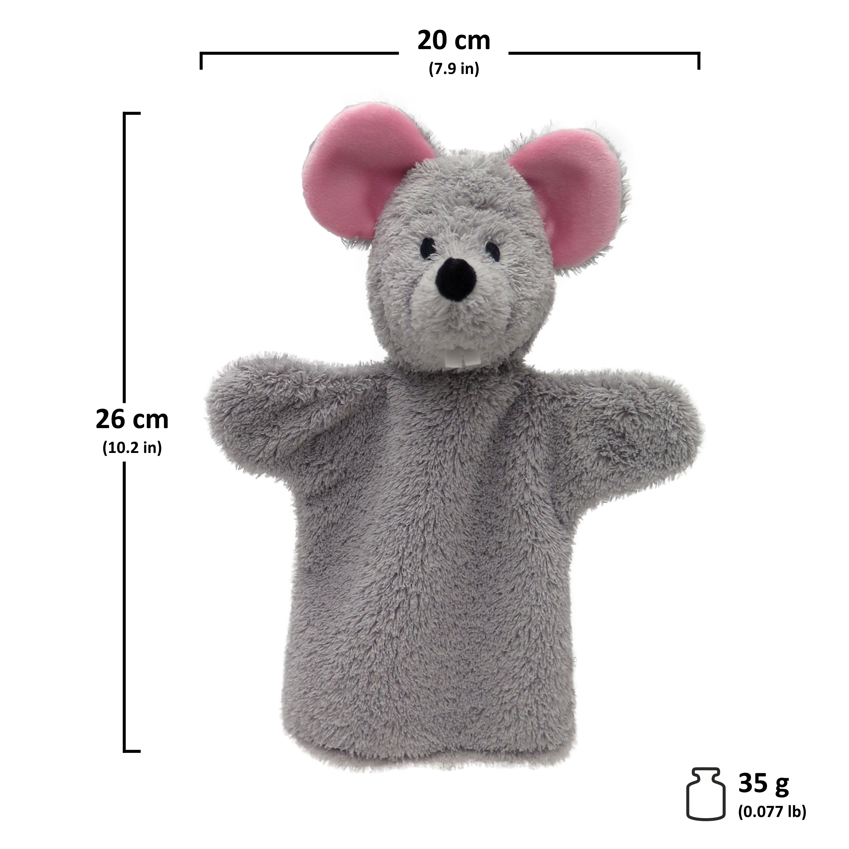 Punch and Judy puppet mouse by munabo in grey with big pink ears, image with size chart