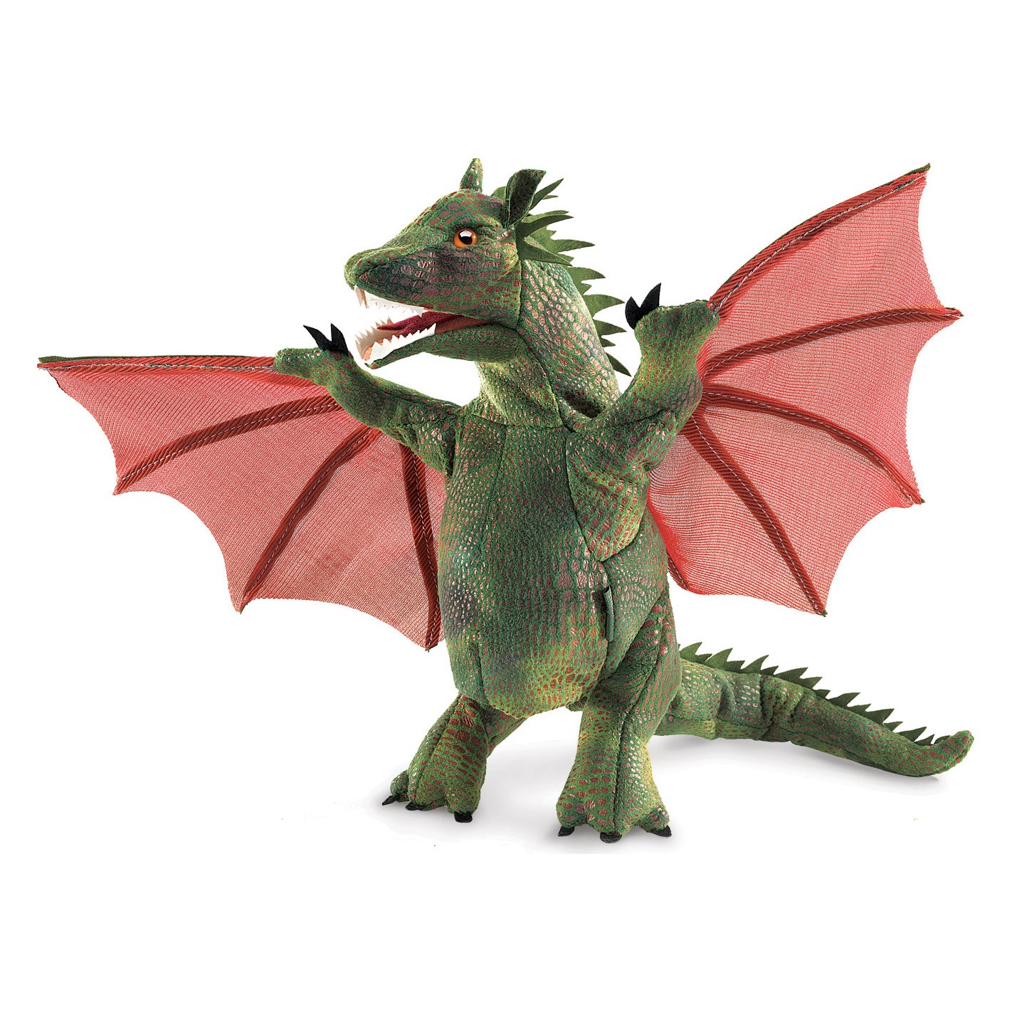 Folkmanis Handpuppe Drache mit Schwingen, grün mit roten Flügeln aus Netzstoff, geöffnetem Maul, Frontalansicht