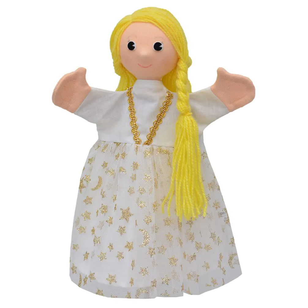 Punch and Judy puppet Cinderella by munabo with long blond hair and a white dress with golden stars