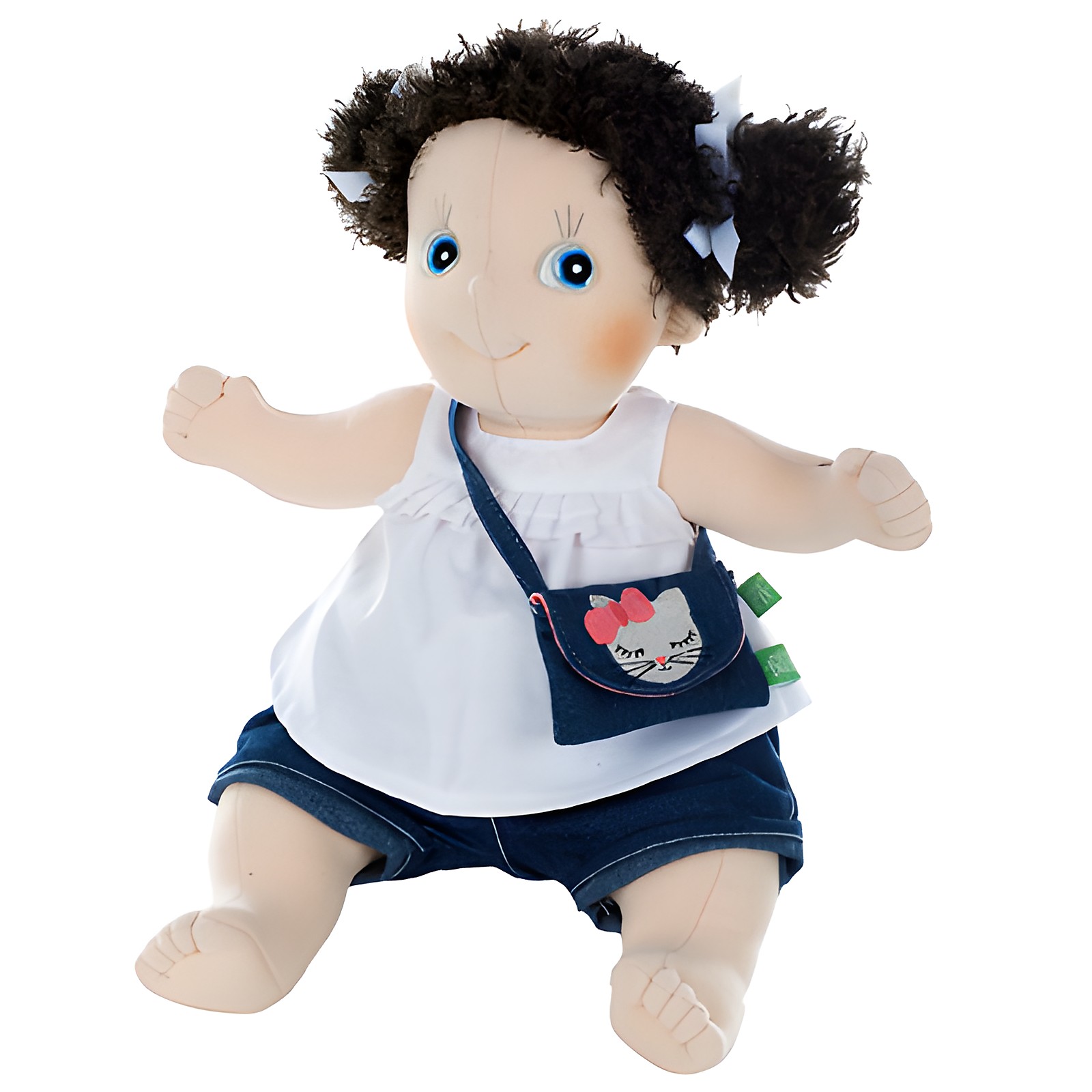 Rubens doll with white top, denim shorts and the kitty bag over its shoulder
