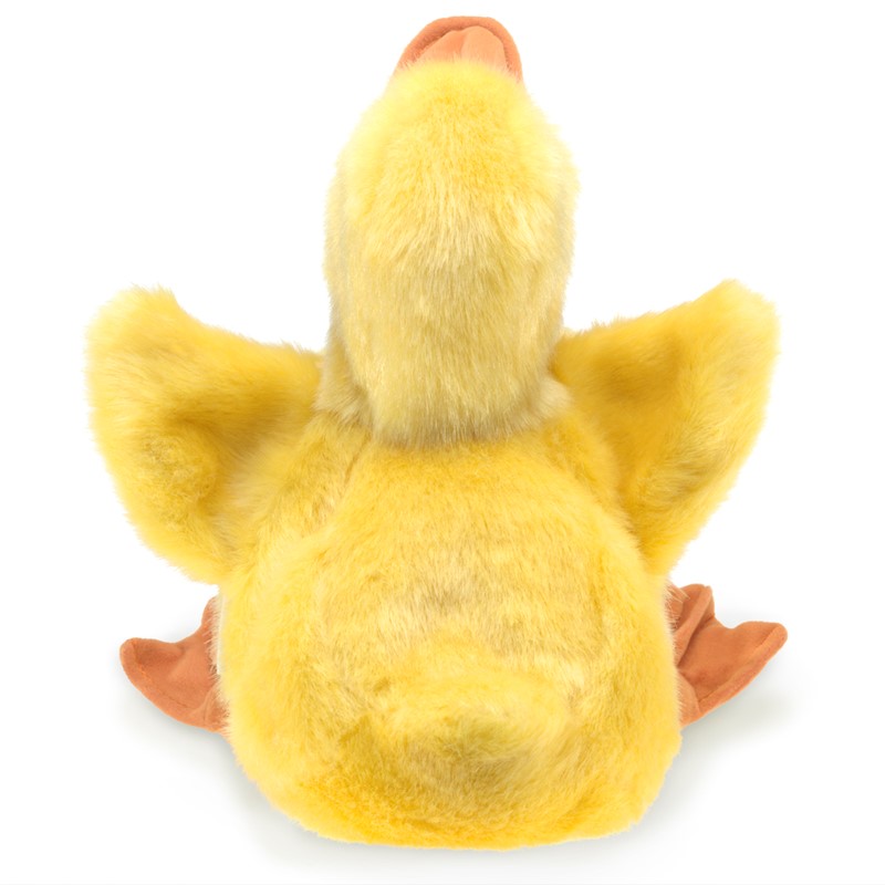 Folkmanis duckling hand puppet in yellow, back view with spread wings and an orange beak