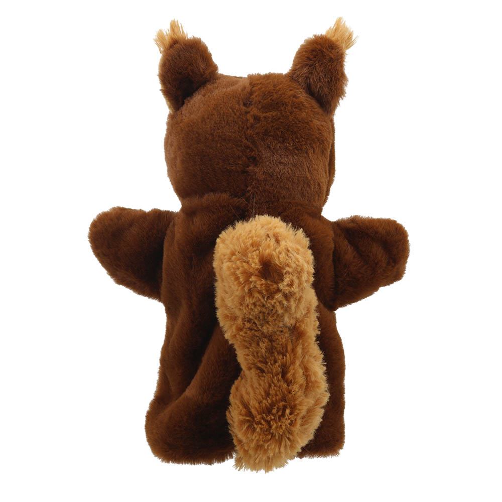 The Puppet Company hand puppet squirrel, side view with the tail curled close to the head