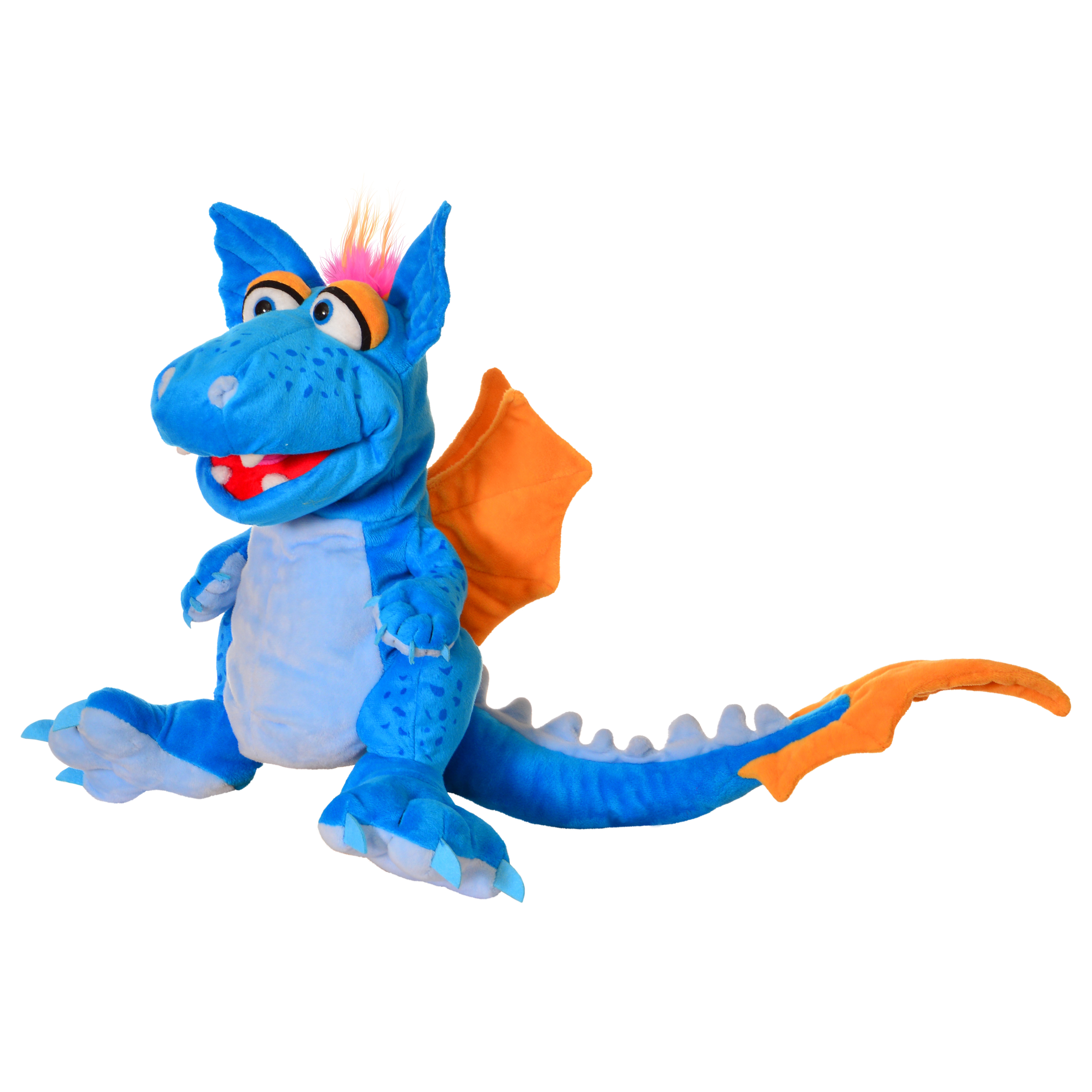 Living Puppets hand puppet Cosmo the dragon in side view with jagged tail and orange wings